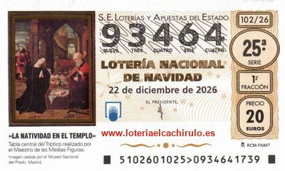 Anverso del décimo 93464 de la Lotería de Navidad 2026, de Madrid